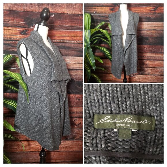 Eddie Bauer L Angora Rabbit Blend Draped Sweater Vest Gray Cable Knit - Picture 1 of 11